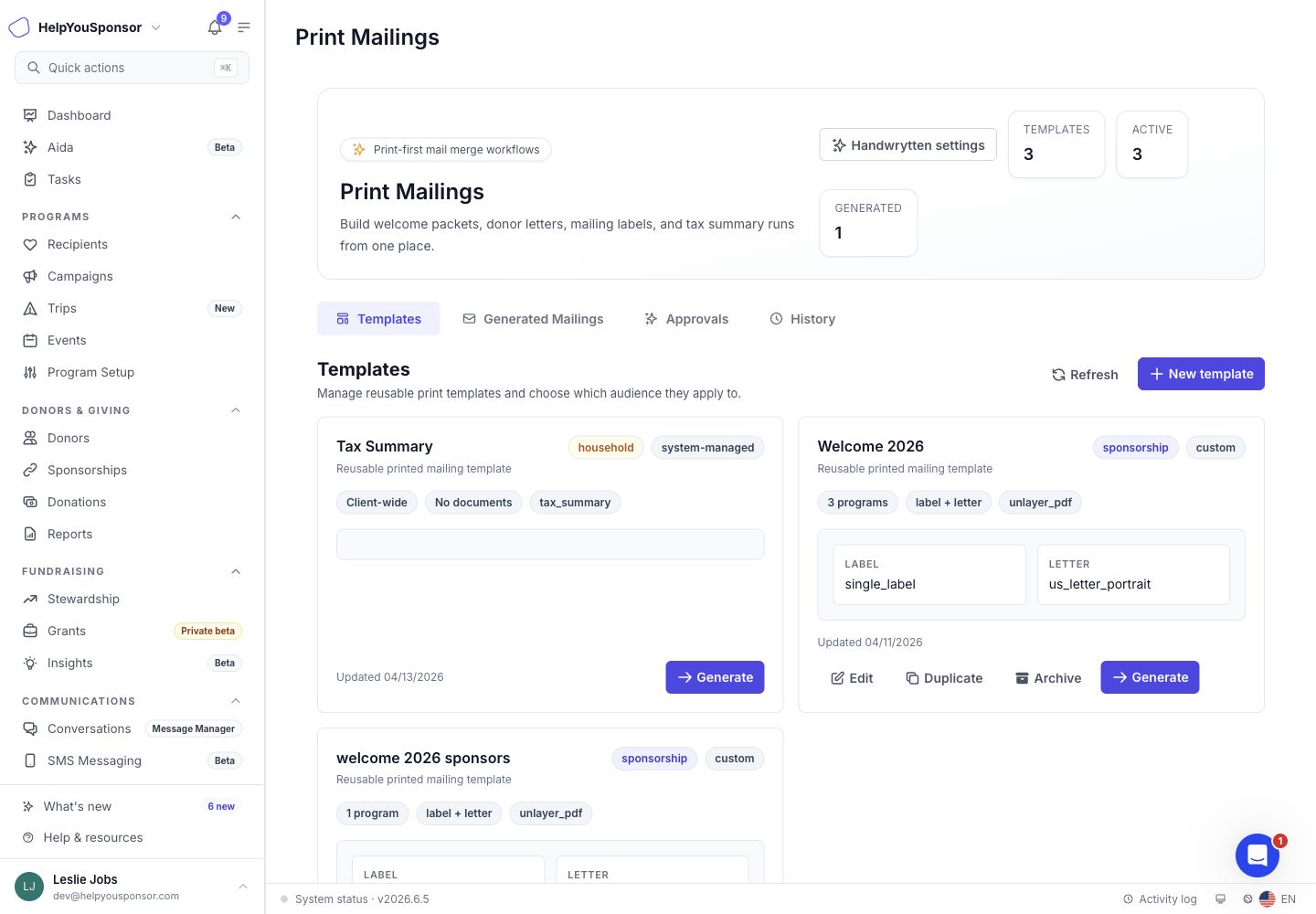Print Mailings page with Templates, Generated Mailings, Approvals, and History tabs.