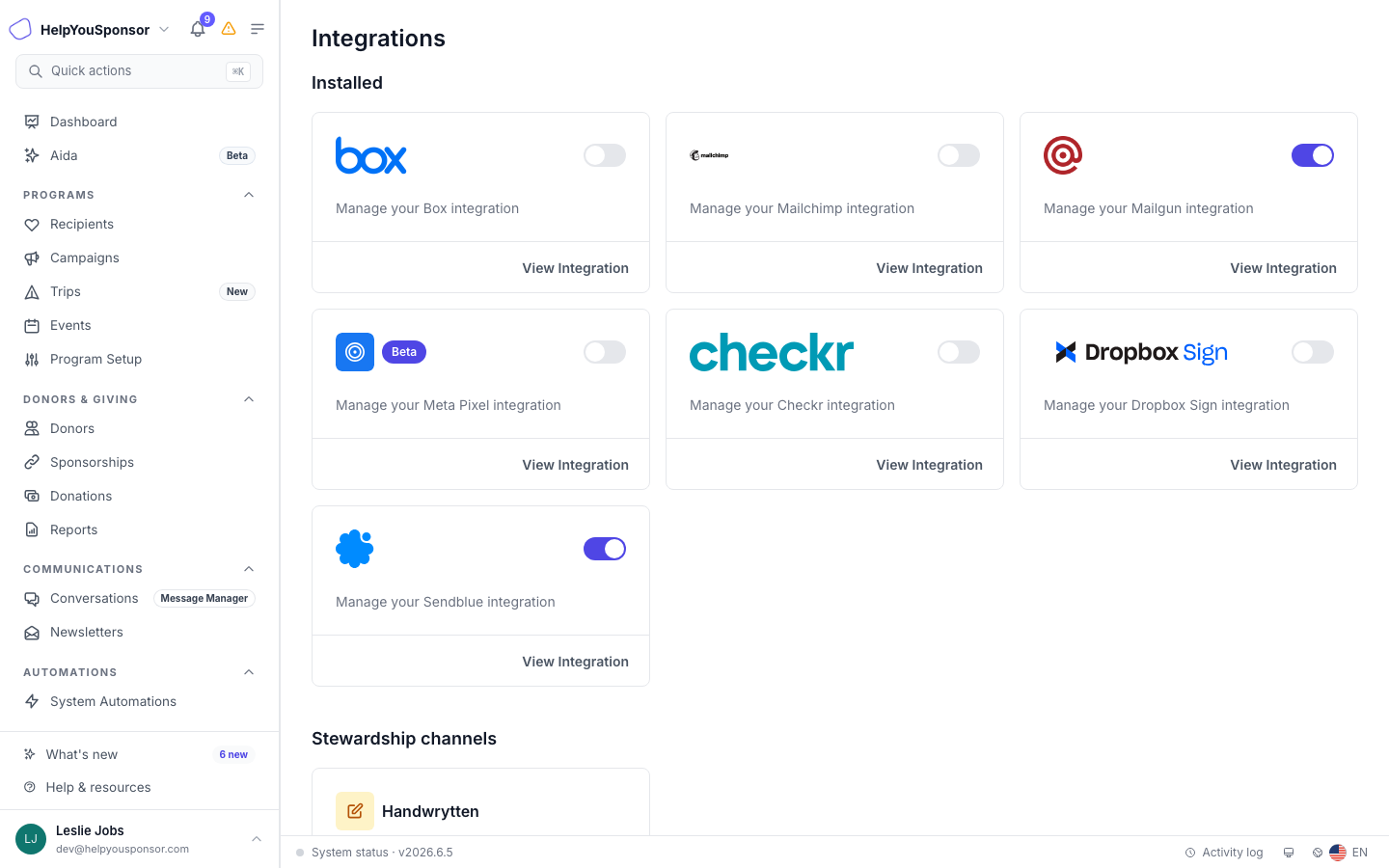 Integrations page — Mailgun, Box Image Storage, Zapier, and QuickBooks settings