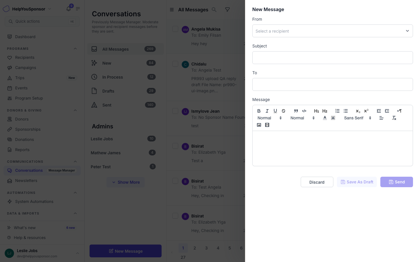 New Message compose drawer with From, To, Subject, and Message fields.