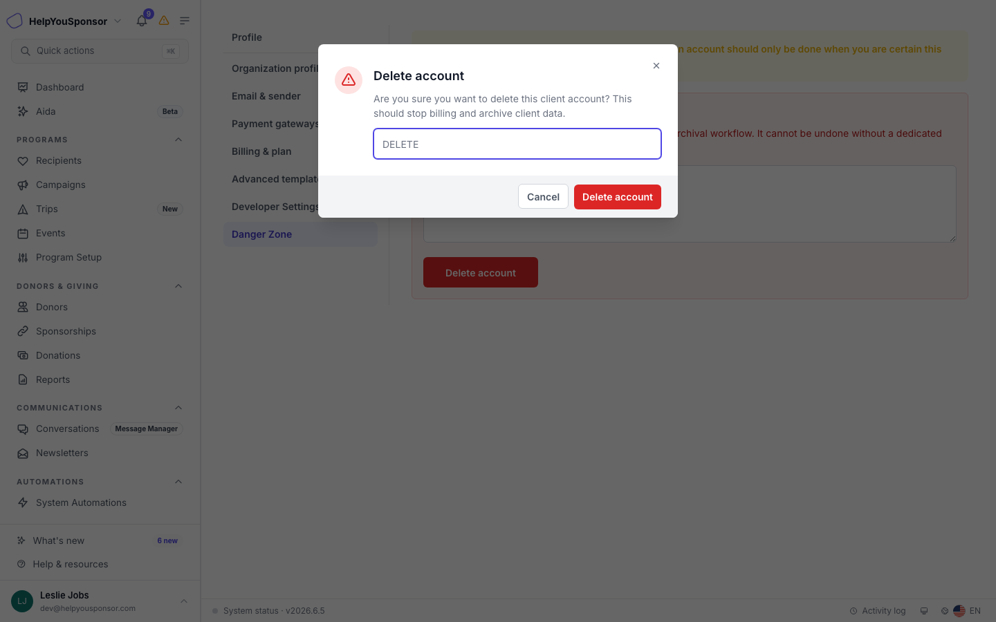 The confirmation dialog requires you to type DELETE before the Delete account button becomes available.