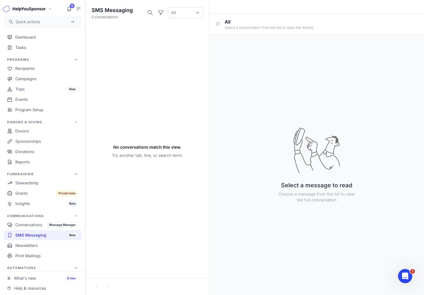 SMS Messaging inbox with search, line filtering, mailbox filters, and an empty queue state.