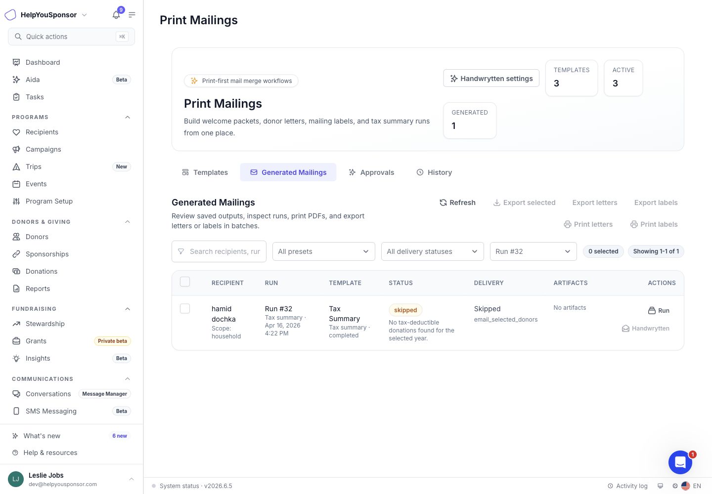 Generated Mailings table with filters, selected-row actions, artifact actions, and delivery status.