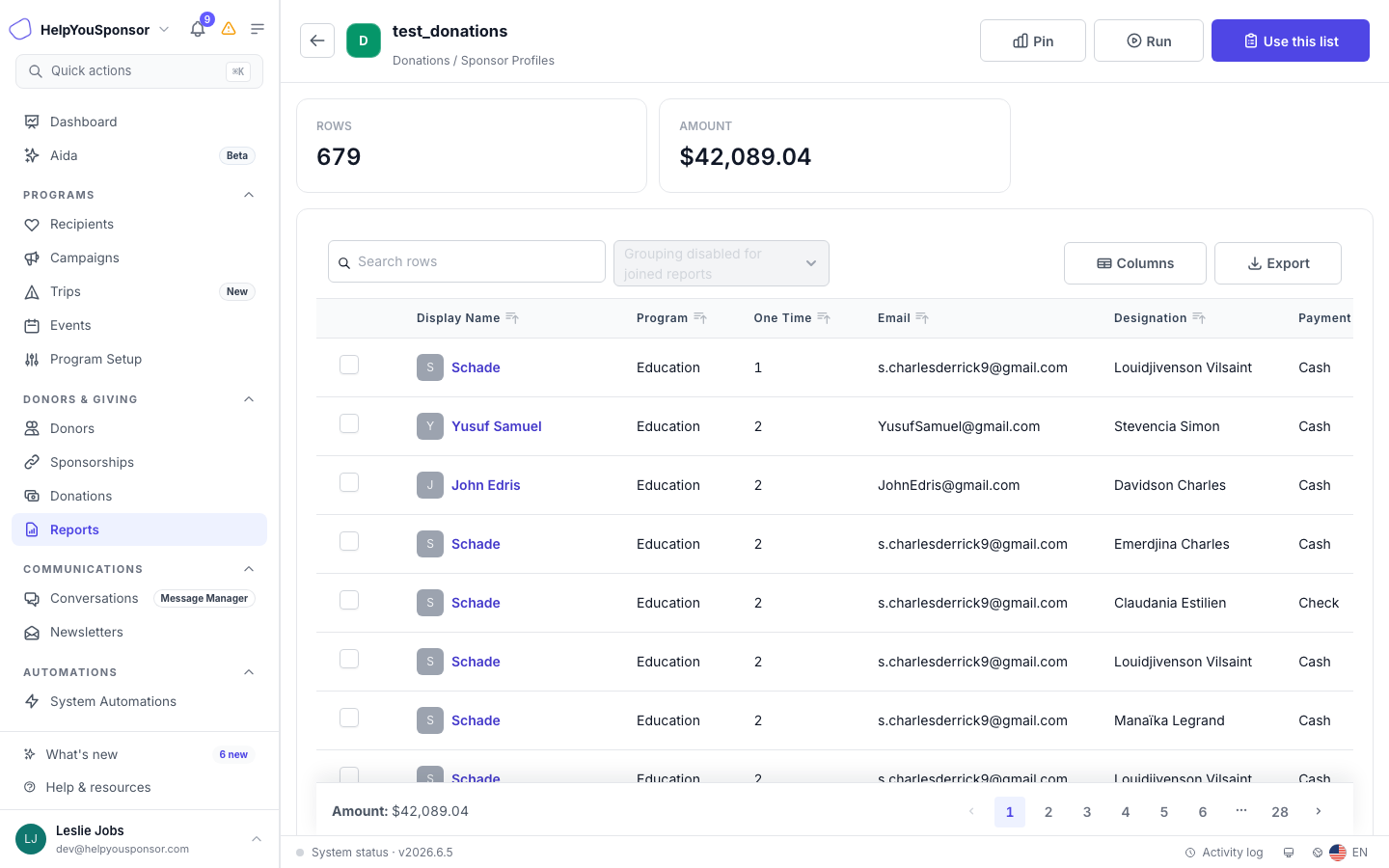 The worksheet view lets you browse, search, and export report data.