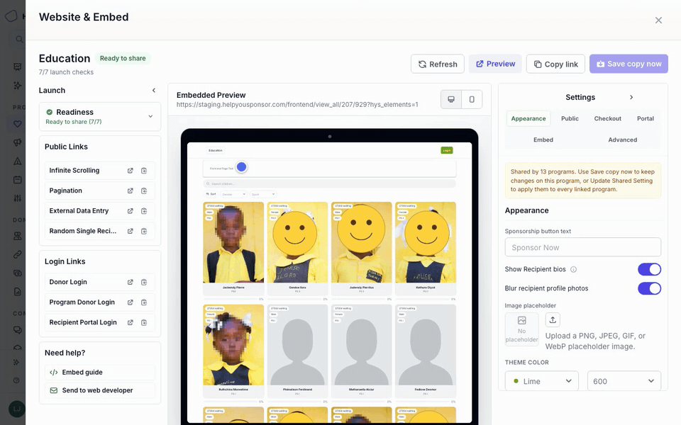 Animated walkthrough of the Website & Embed workspace