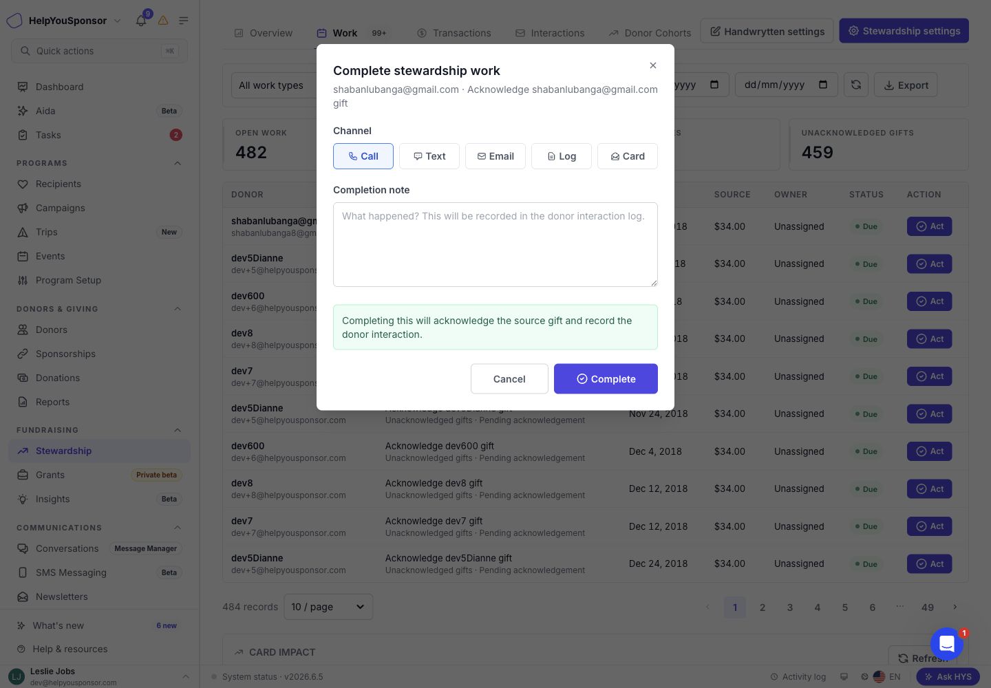 Complete stewardship work dialog with channel choices, completion note, and acknowledgement impact.