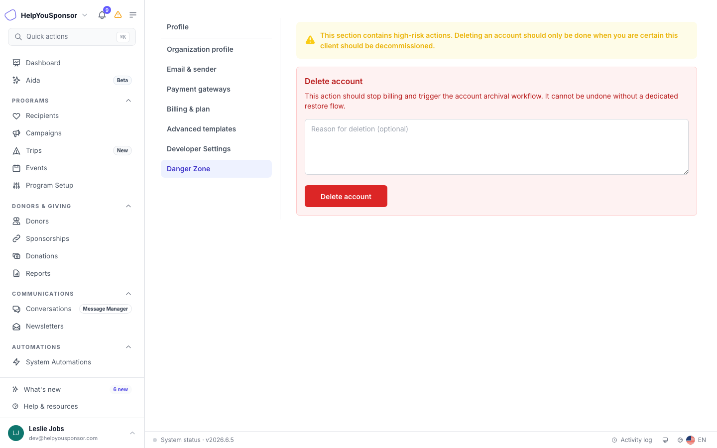 The Danger Zone tab in Settings shows the Delete account section with a reason field and Delete account button.