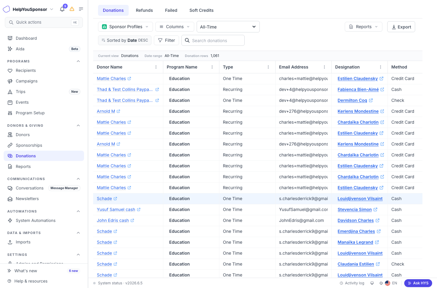 The Donations worksheet shows donation views, donor form or saved view selection, date range, search, filters, export, and the donation rows.
