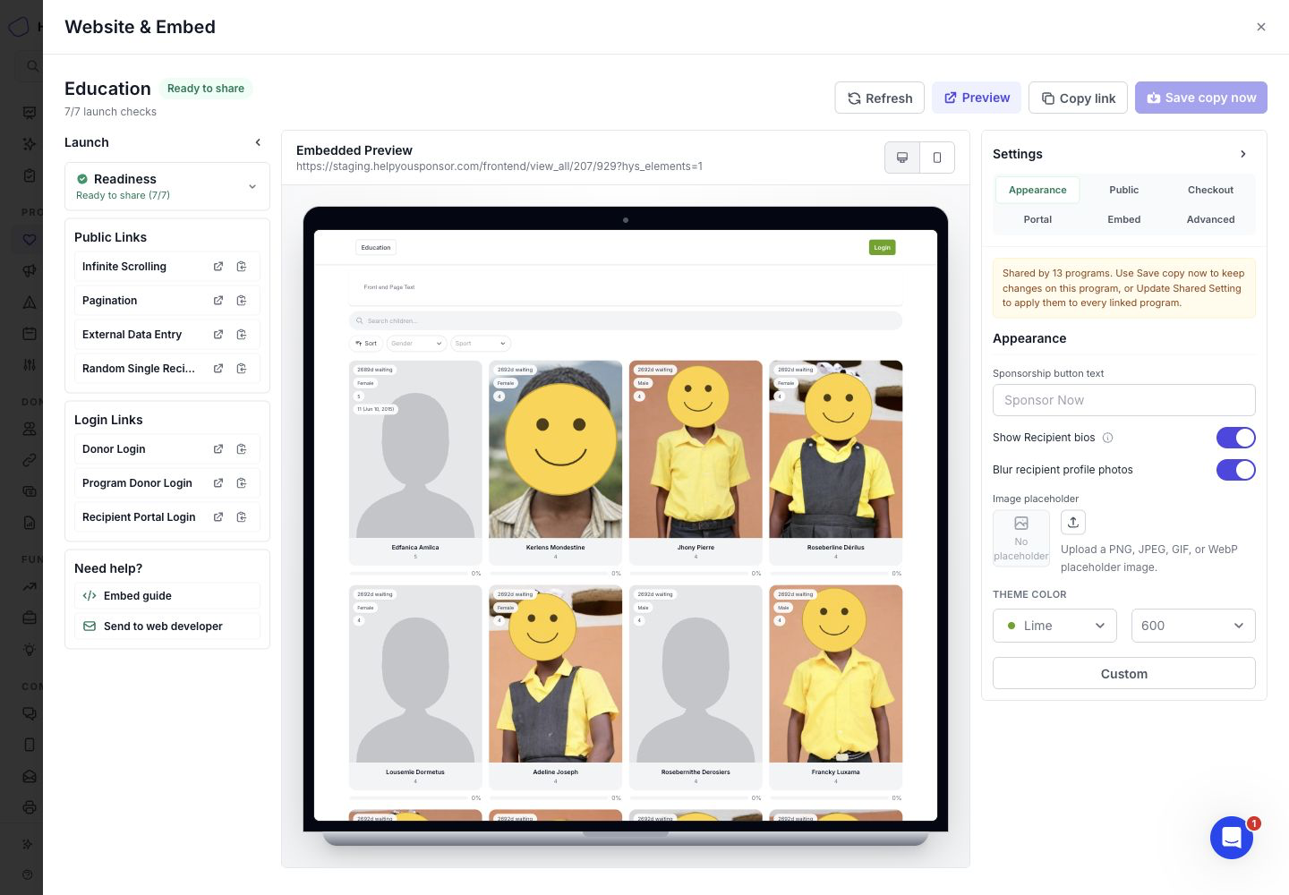 Use Website & Embed to preview donor-facing pages and update appearance settings.