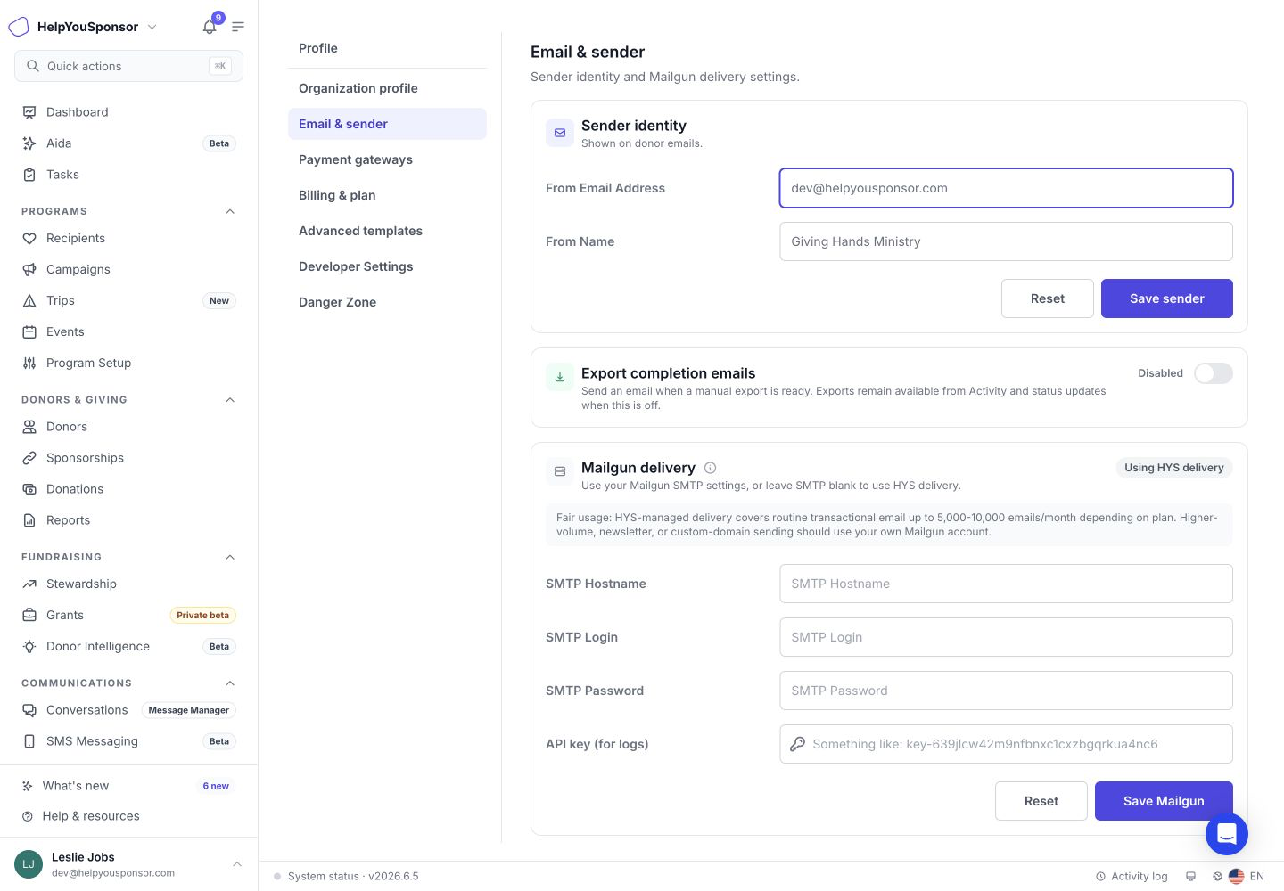Sender identity controls the email address and name used for donor-facing emails.