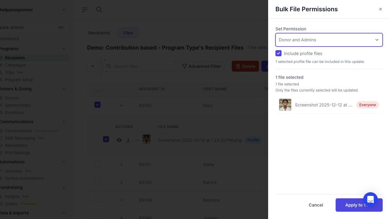 Bulk File Permissions drawer