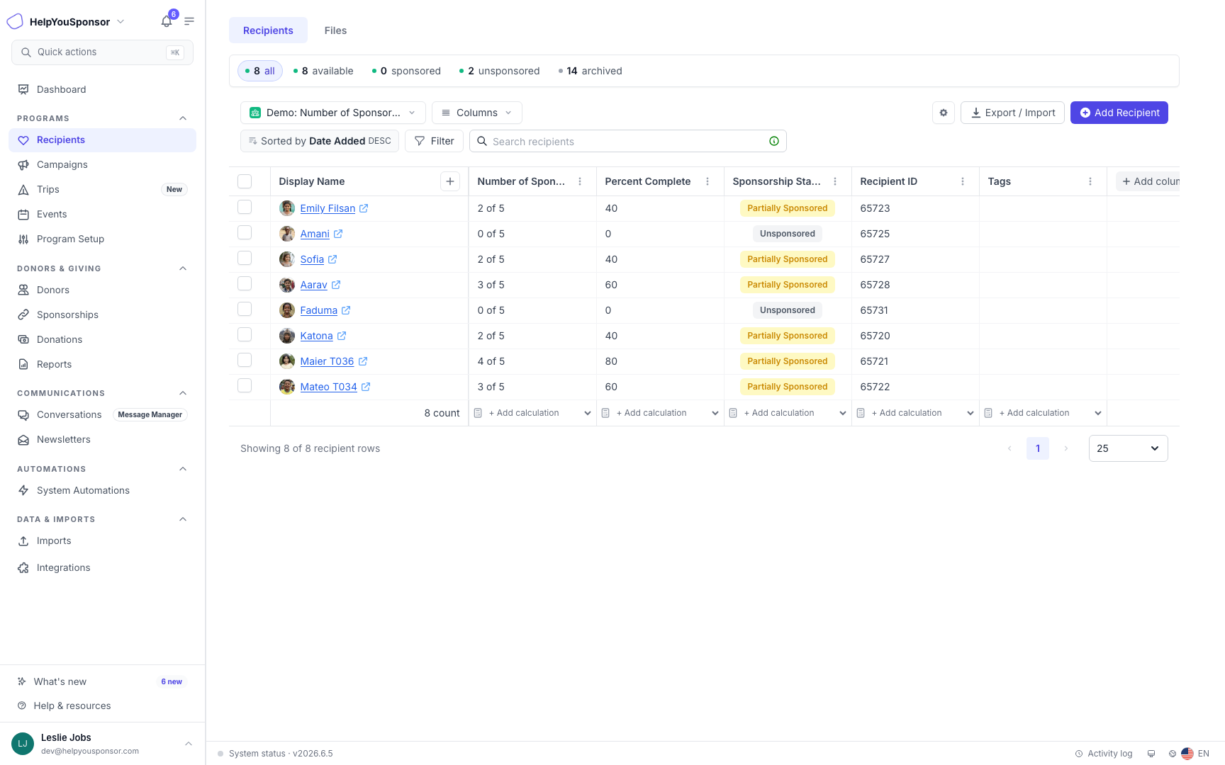 Select Add Recipient when you are ready to create one recipient in the selected program.