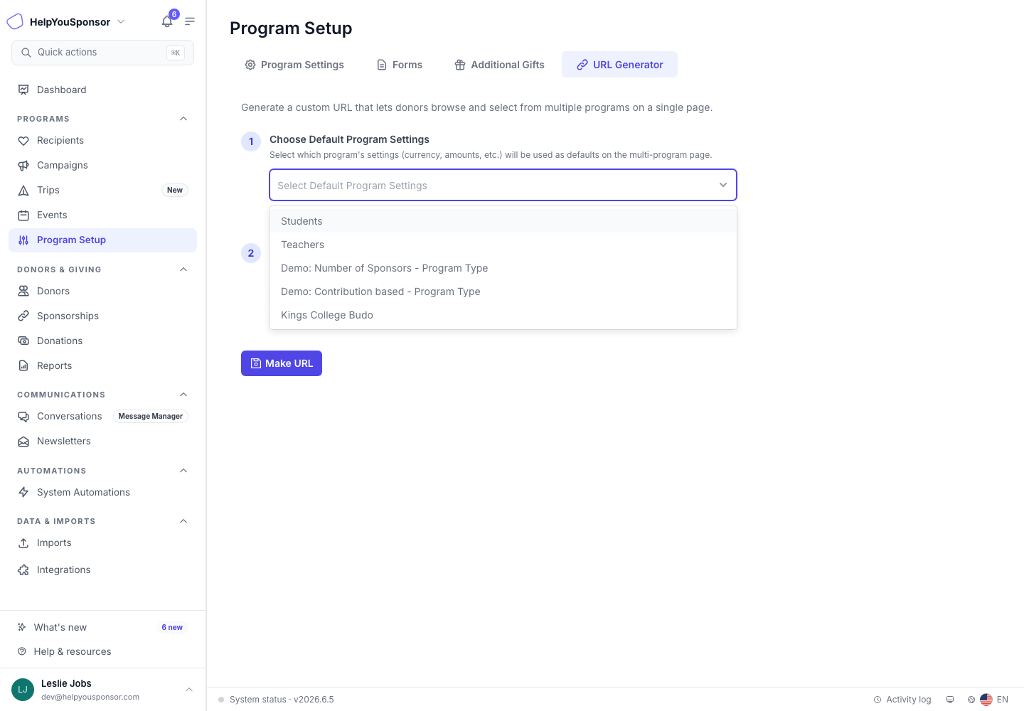 Default Program Settings supplies the defaults used by the generated multi-program page.
