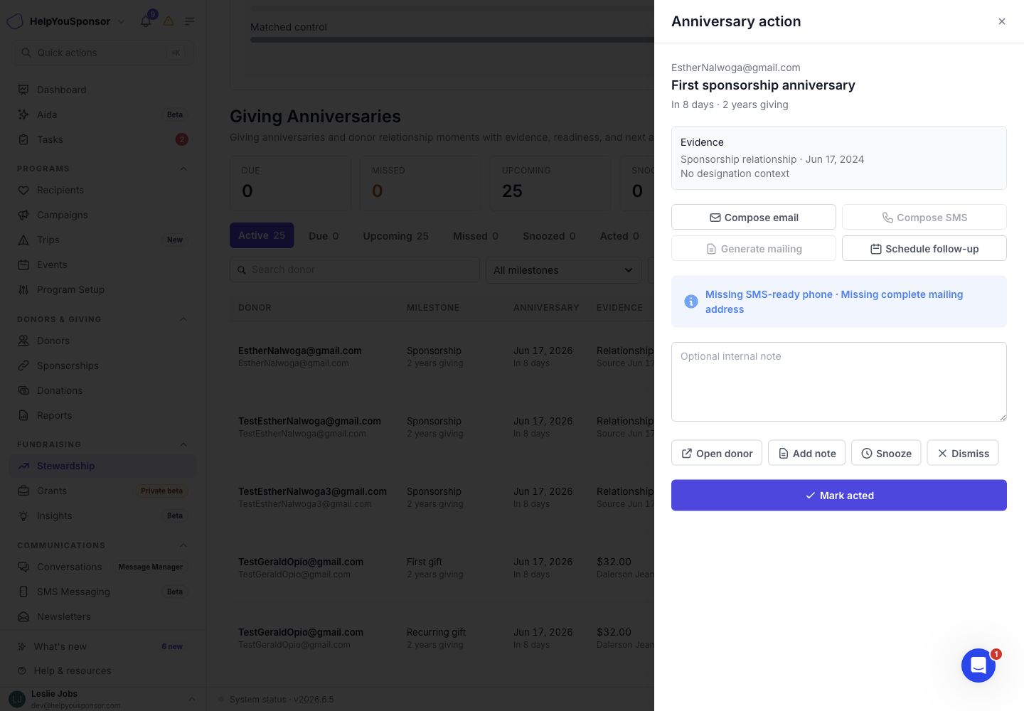 Anniversary action drawer with source evidence, communication actions, note field, and status controls.