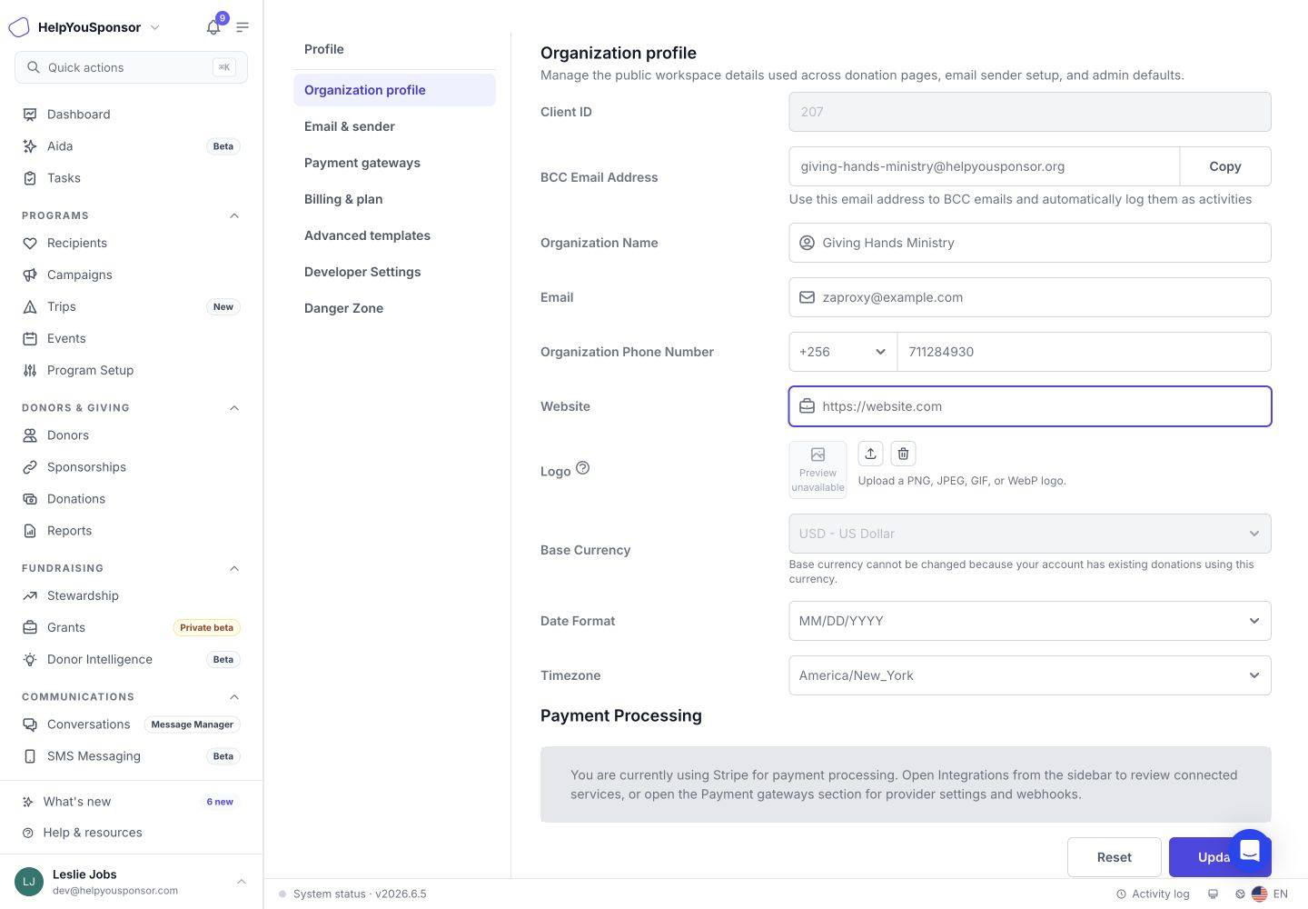 The top of Organization profile includes read-only account identifiers and editable organization contact fields.
