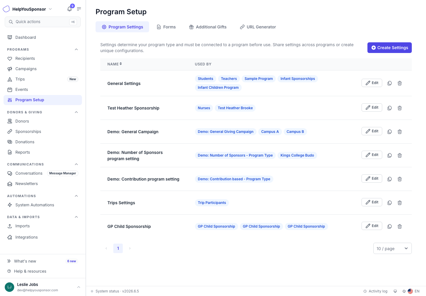Program Setup > Program Settings lists reusable setting profiles and the programs that use each one.