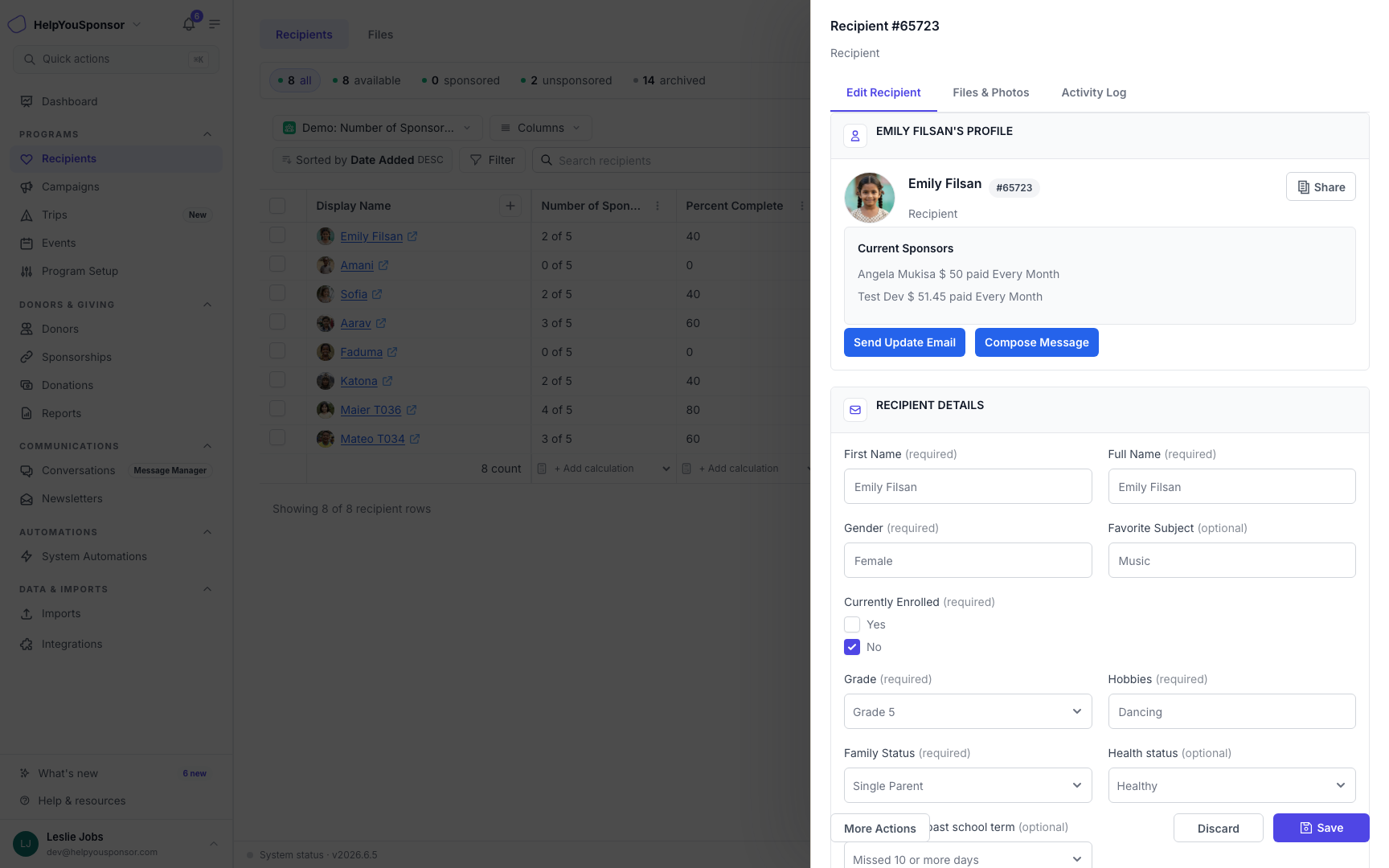The recipient drawer lets you edit recipient details and access related tabs such as files and activity.