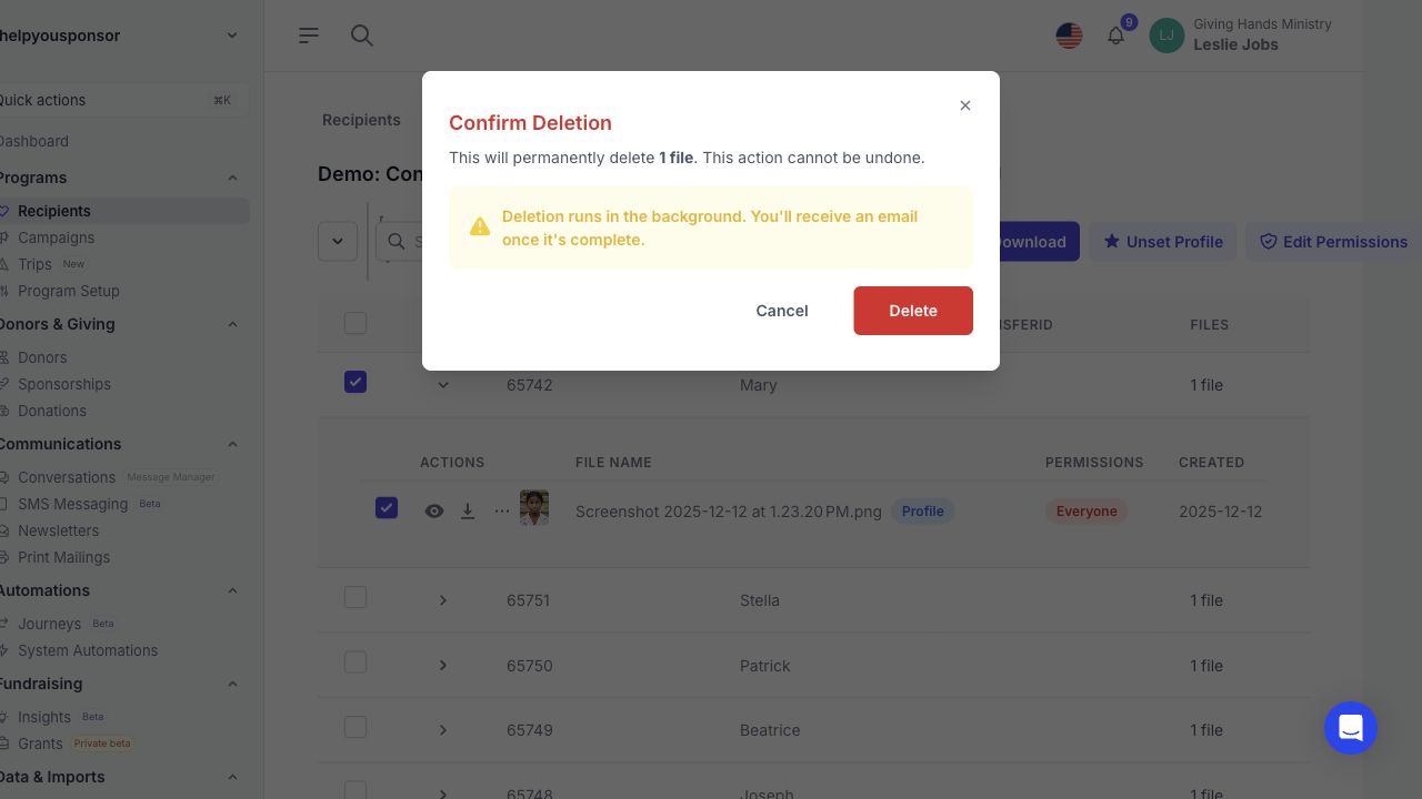 Confirm Deletion dialog for selected files