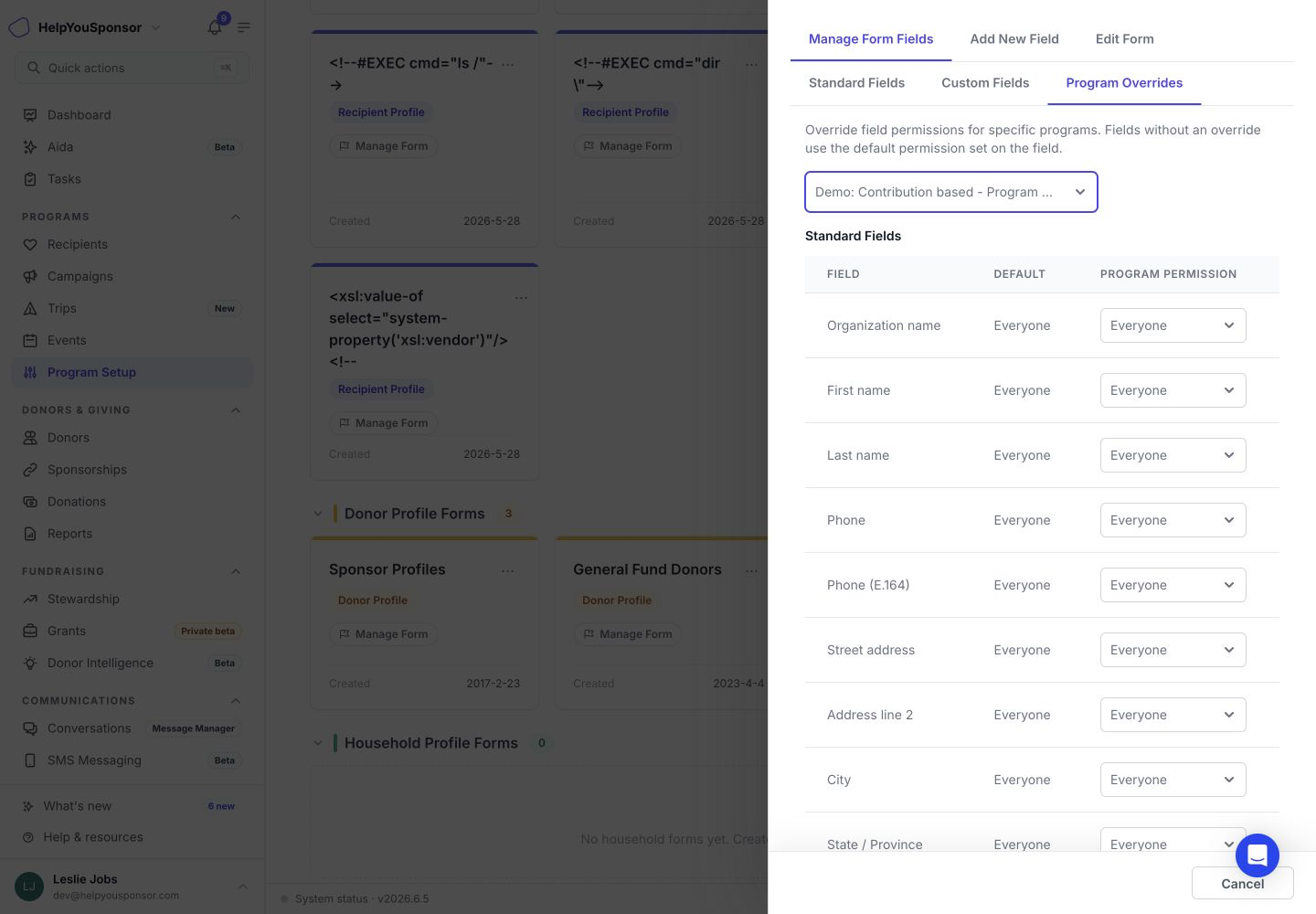 Program Overrides changes donor-field visibility for one program while keeping the form default intact.