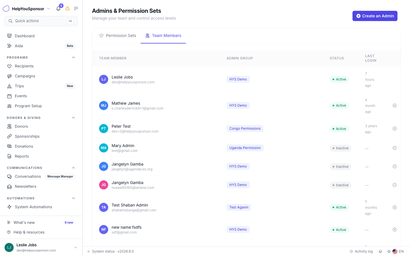 Admins and Permission Sets page with the Team Members tab open