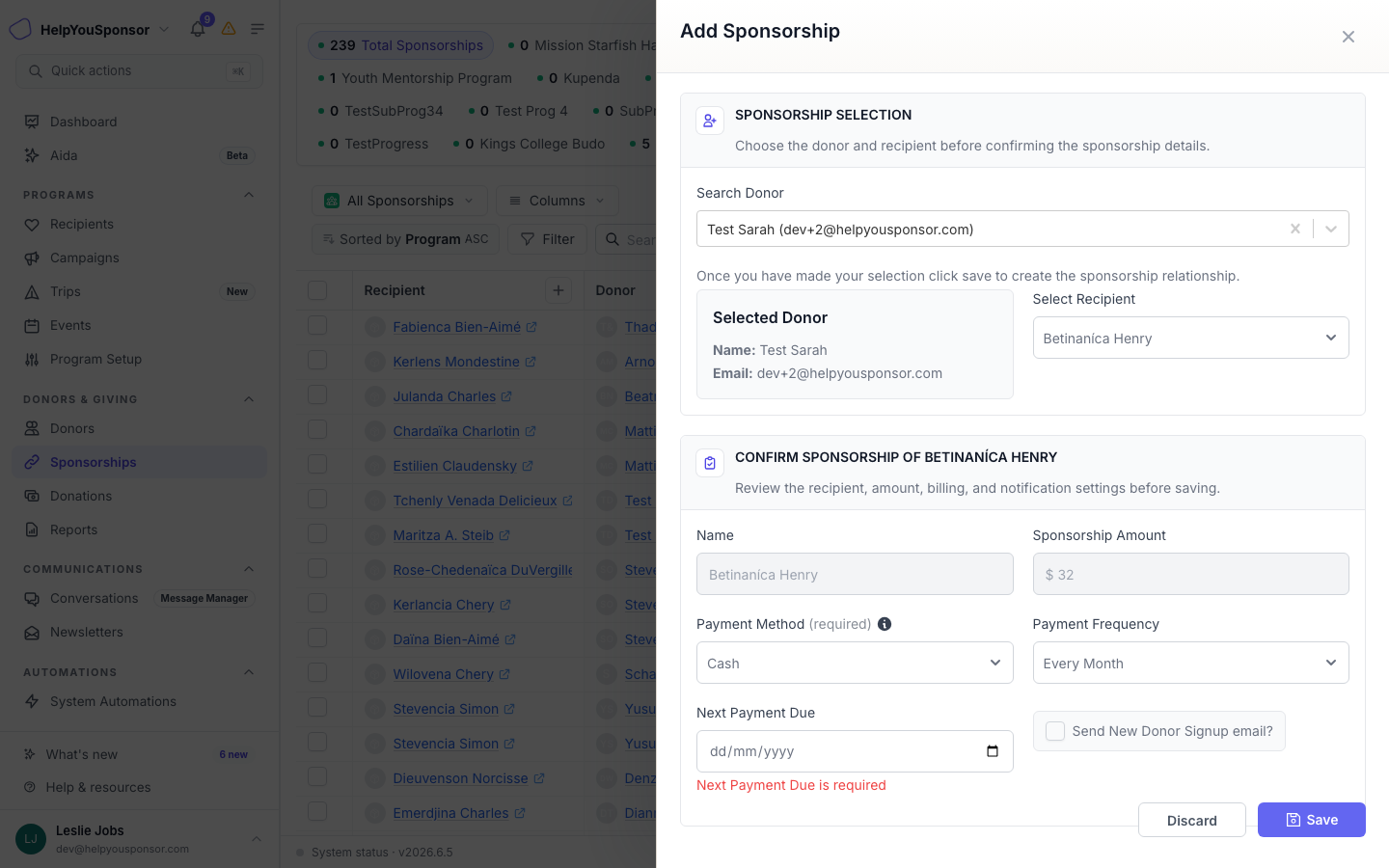 The confirmation dialog shows the full sponsorship summary before the relationship is created.