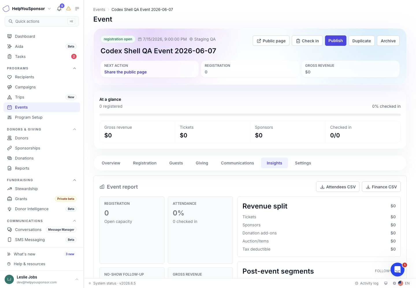 The Insights area summarizes event revenue, attendance, ticket mix, sponsor activity, check-in timeline, and follow-up segments.