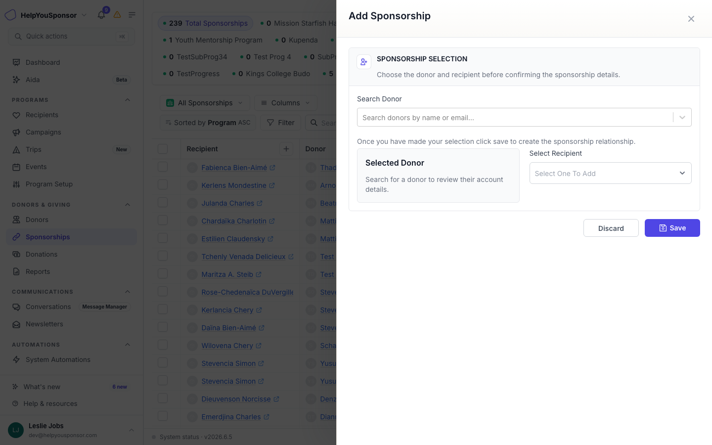 Step 1 of the sponsorship drawer: search for a donor by name or email, then select a recipient.