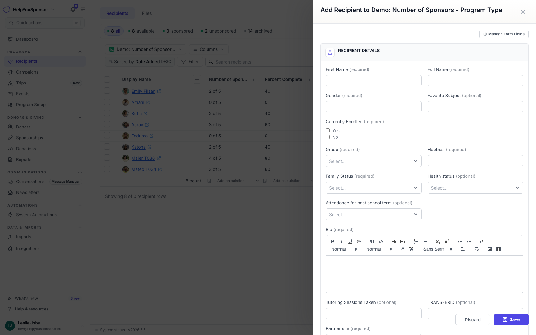 The Add Recipient drawer uses the recipient form fields assigned to the selected program.