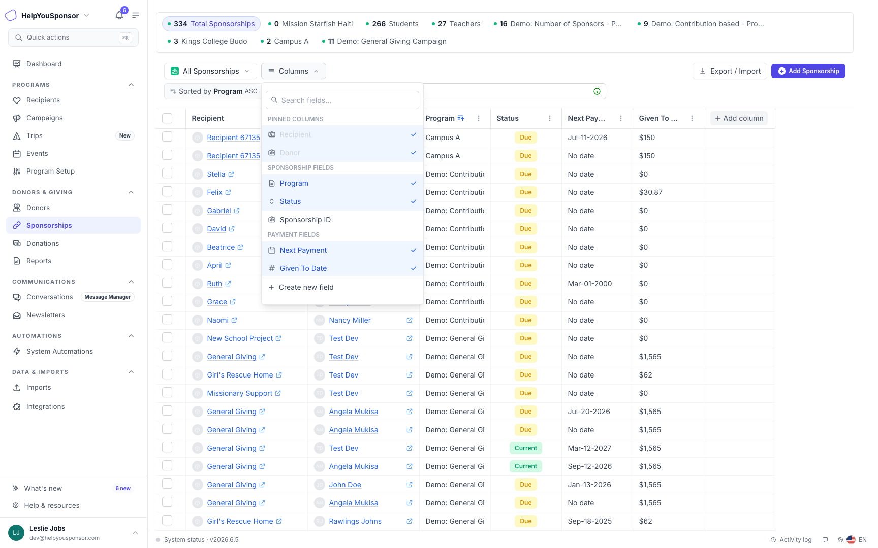 The Columns menu controls which sponsorship, payment, donor, and recipient fields appear in the table.
