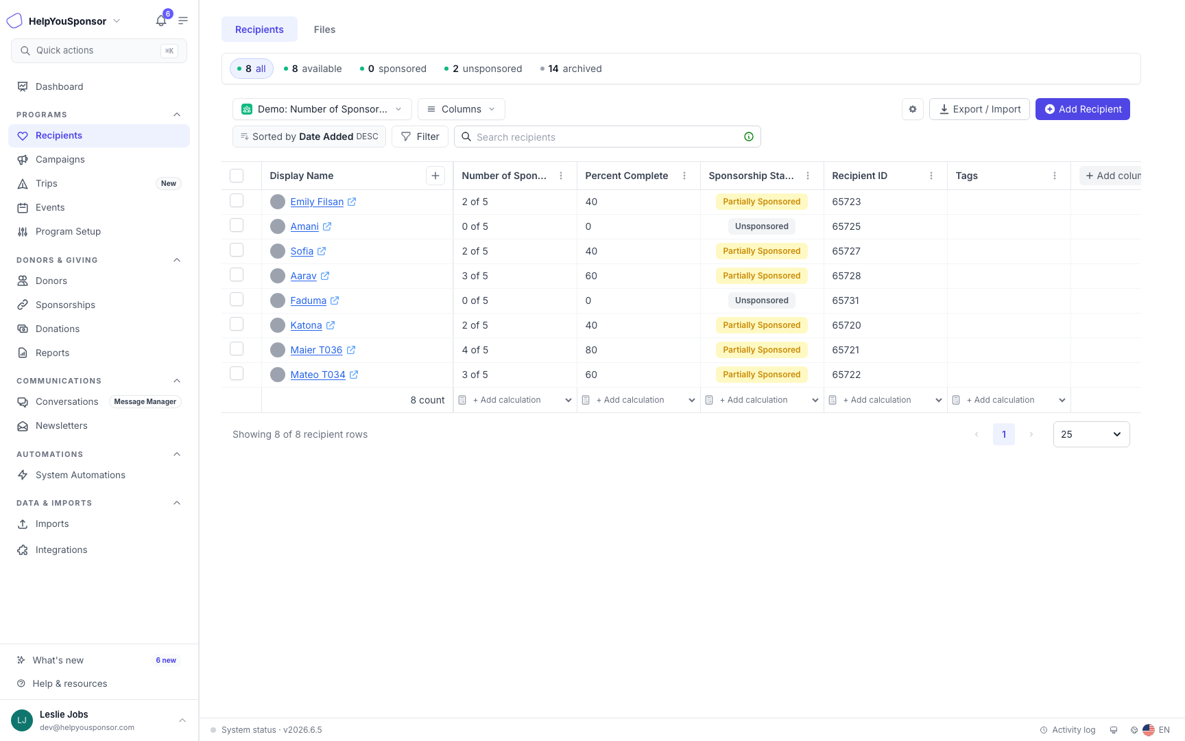 The Recipients table shows recipient records, sponsorship status, and program-specific fields in one worksheet-style view.