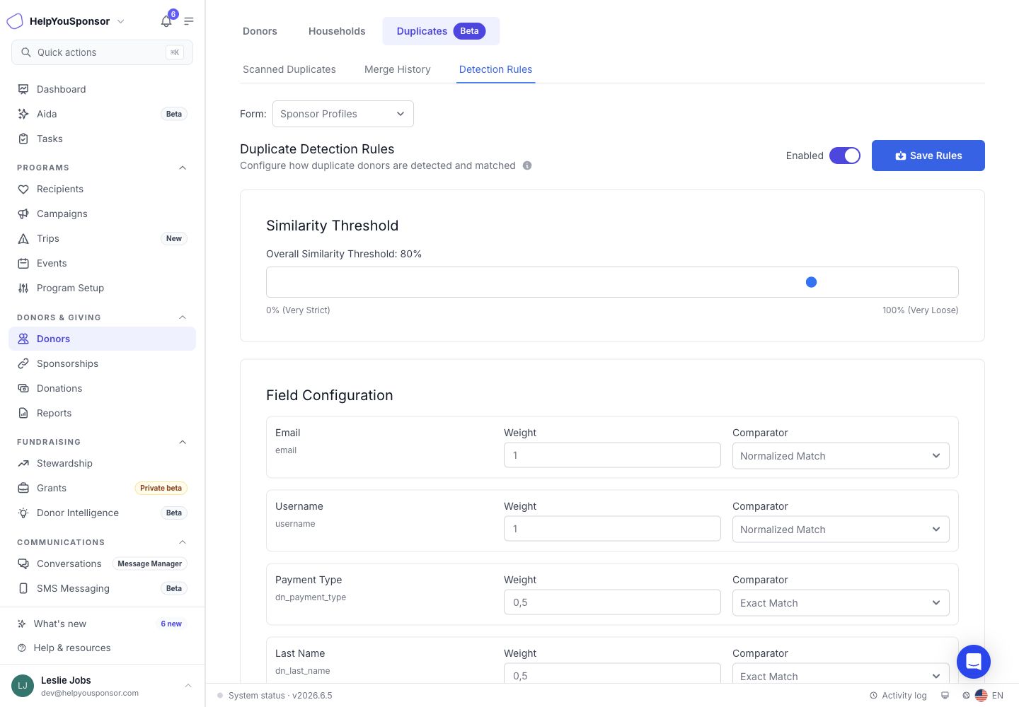 Detection Rules controls how the enhanced scan compares donor fields for the selected form.