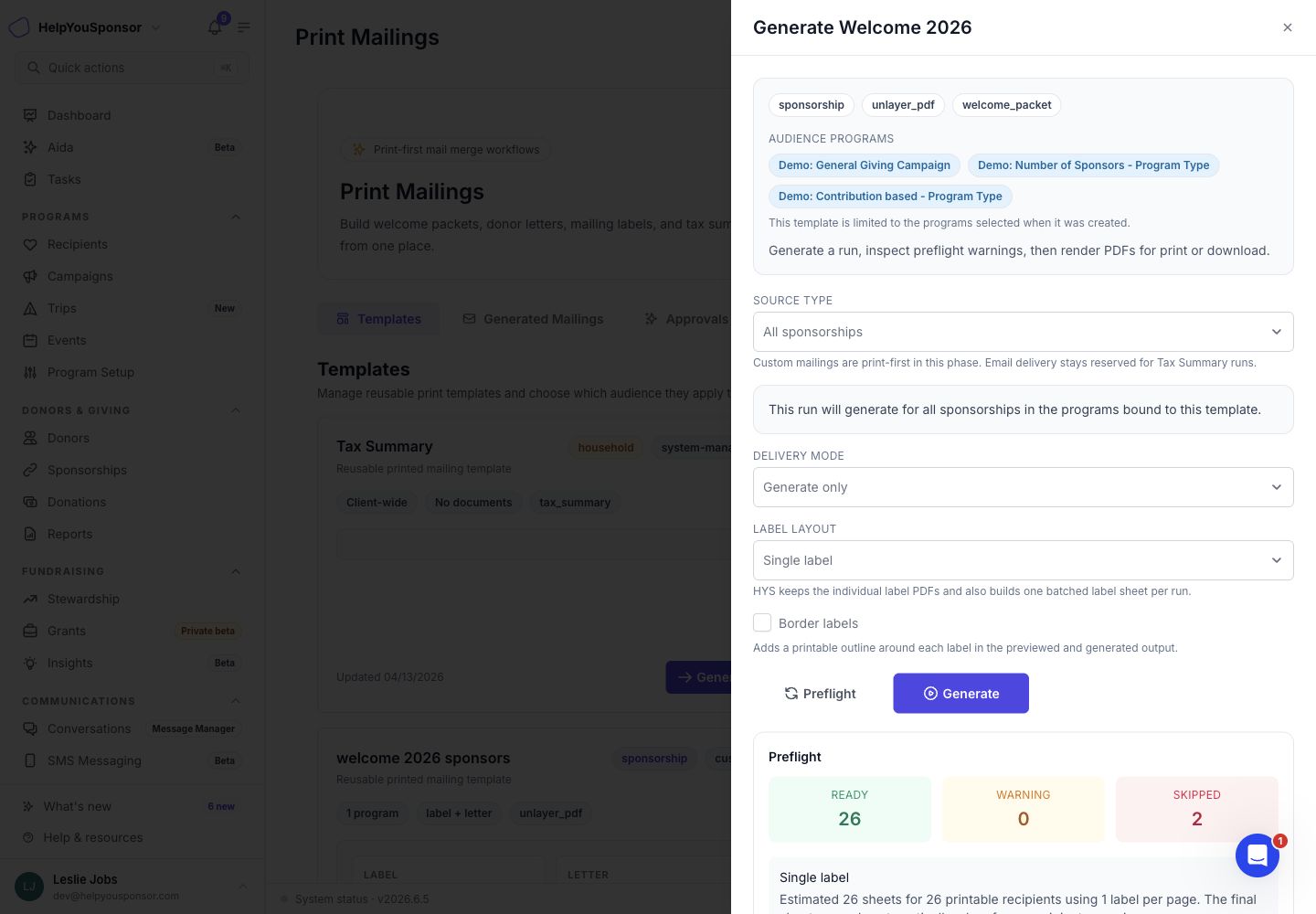 Generate Mailings drawer with audience selection, label layout, preflight counts, and preview actions.