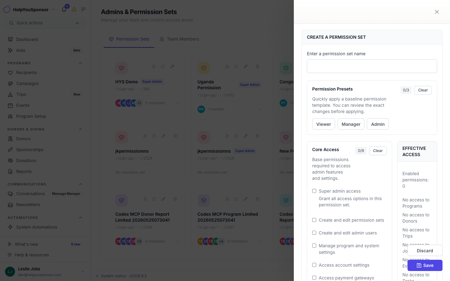 Create Permission Set drawer with the four permission sections