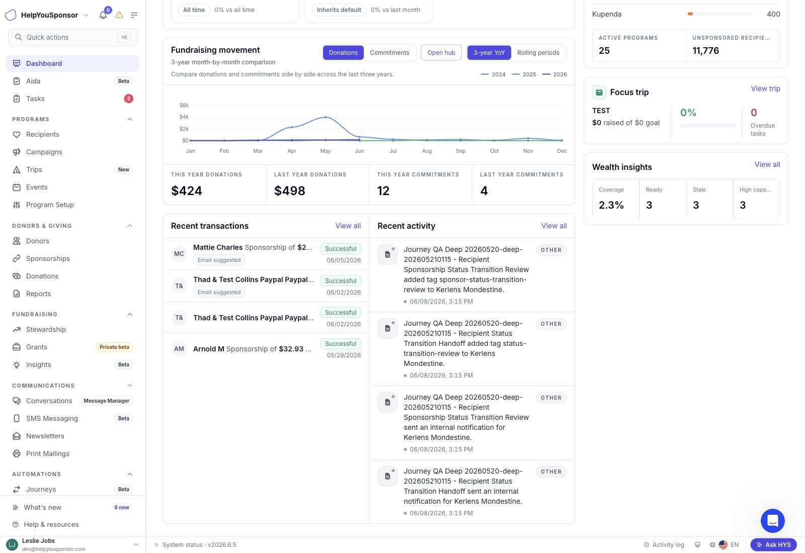Recent transactions and activity log events on the dashboard.
