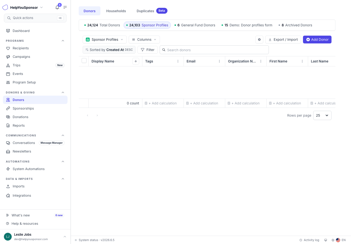 The Donors page gives your team a searchable, sortable worksheet for donor records.
