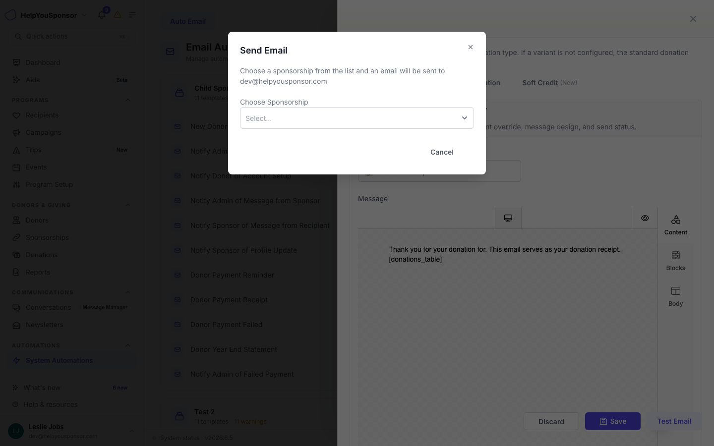 The test email dialog asks you to choose a sponsorship to use for the preview data.