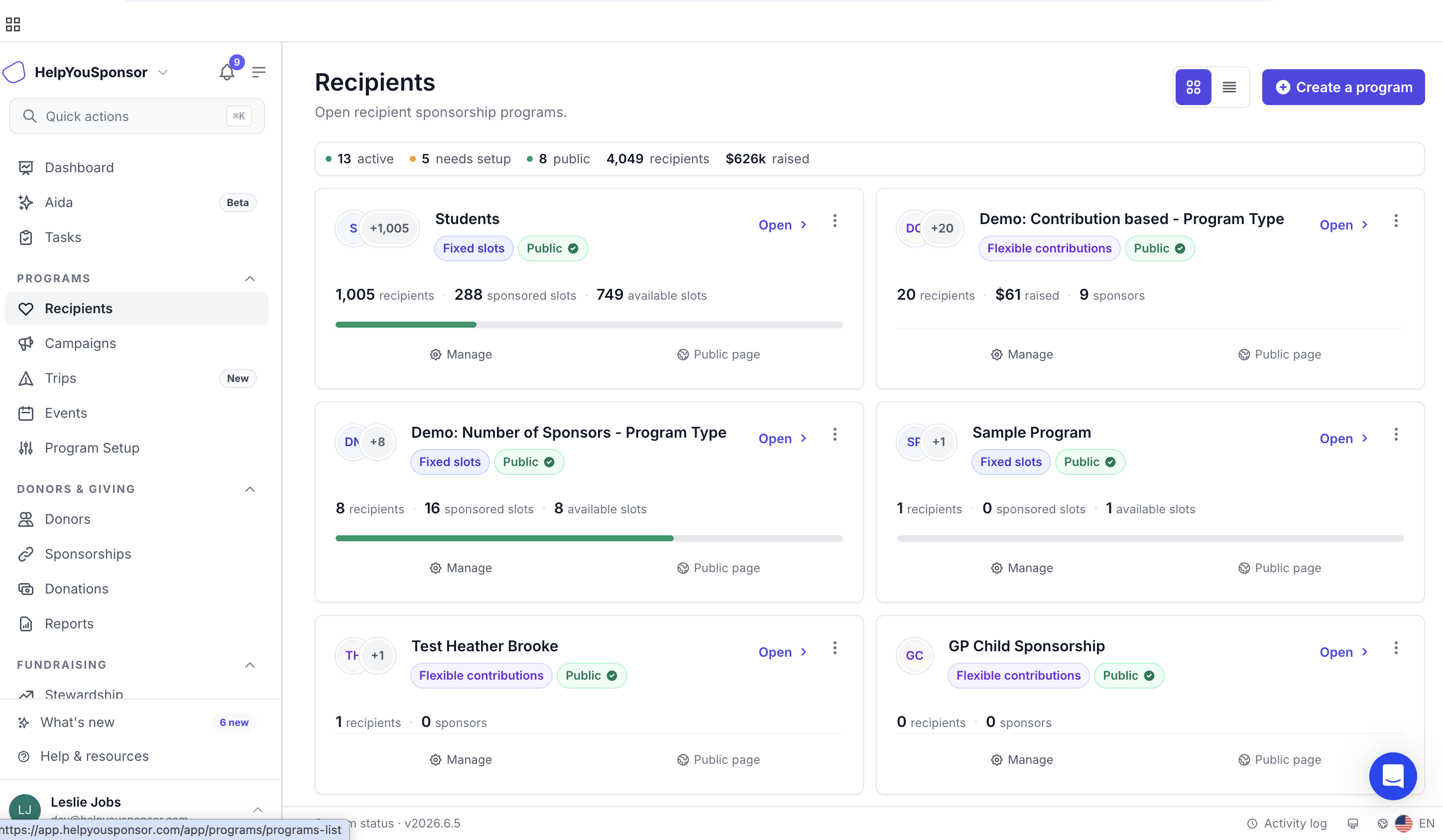 Programs &gt; Recipients shows recipient sponsorship programs, setup status, and program actions.