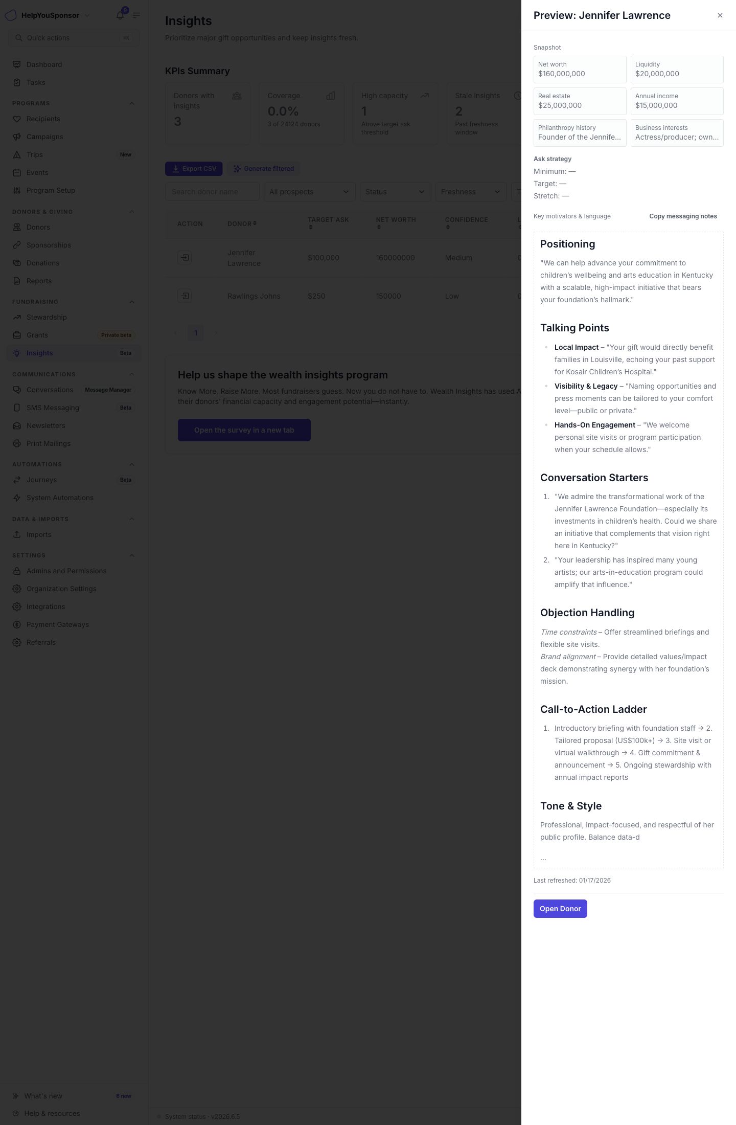 Donor preview drawer with snapshot, ask strategy, messaging notes, and Open Donor action.