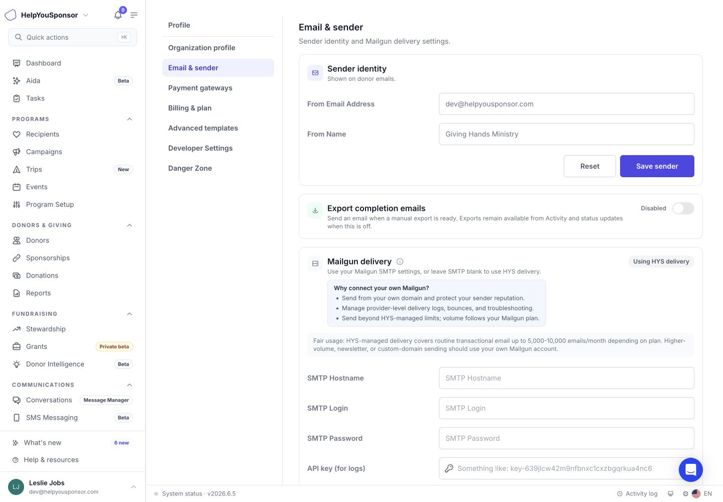 The Mailgun help panel explains own-domain delivery, provider logs, bounces, troubleshooting, and higher-volume sending.