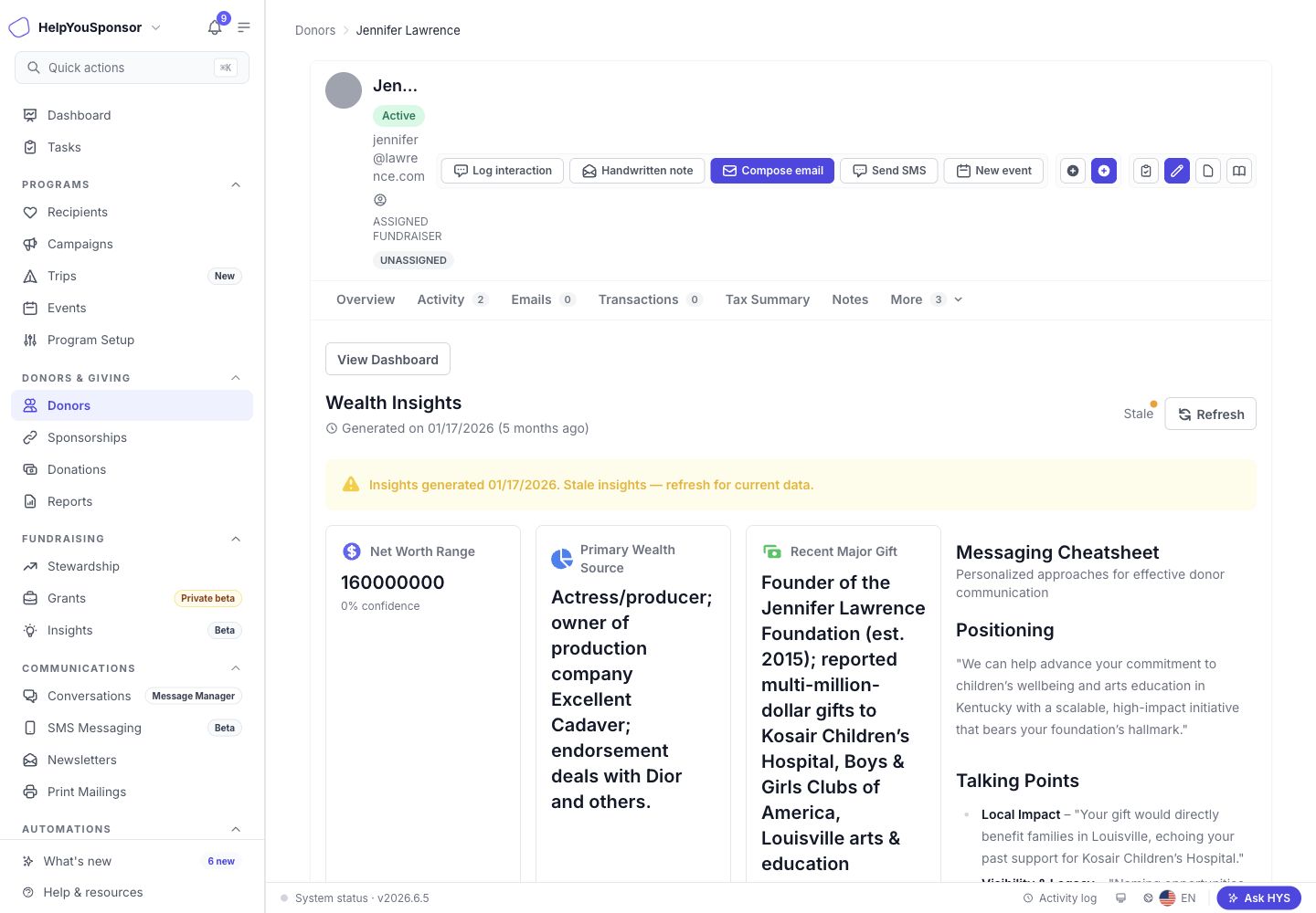 Donor Intelligence profile with capacity signals, ask guidance, relationship context, and messaging notes.