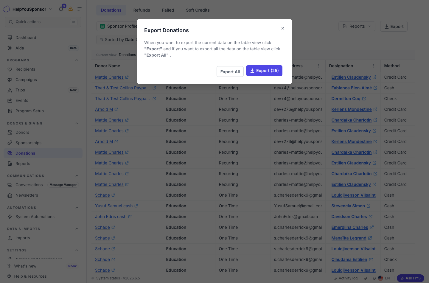 The Export / Import dropdown lets you export the current page, all matching donations, or send the export by email.