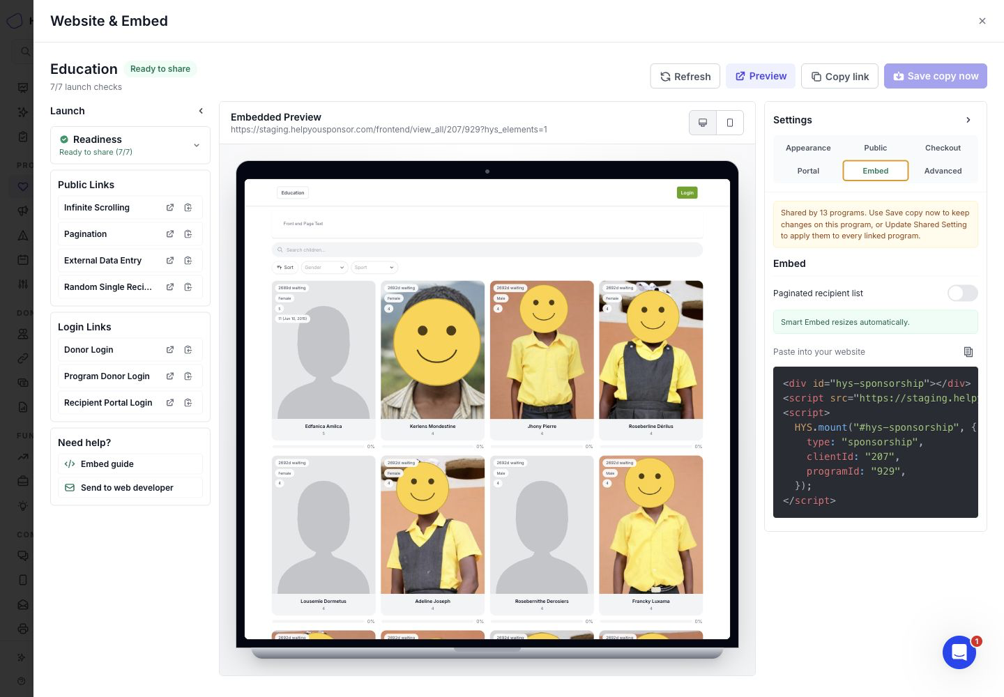 The Embed section provides the Smart Embed code for your website.