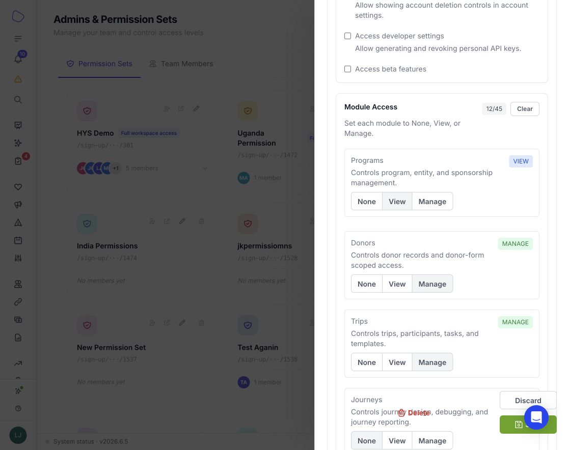 Permission set Module Access controls with None View and Manage levels