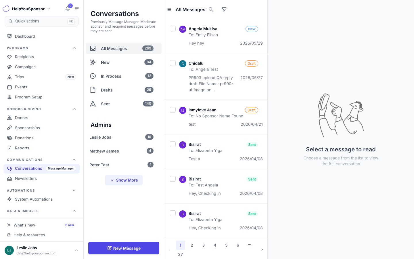 Conversations inbox with the three-panel layout: sidebar, message list, and message detail.