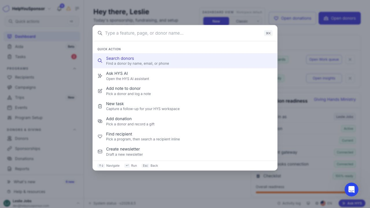 Quick actions palette with action and navigation results.